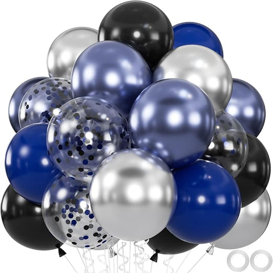 60pcs Blue and Black Balloon, 12" Navy Metallic Blue & Silver Confetti Balloons for 2026 Graduation, Father’s Day, Birthday Party Supplies (66ft Ribbons)