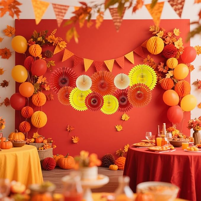 Fall Hanging Honeycomb Round Paper Fans Decoration Autumn Pumpkin Theme Tissue Paper Fan Garland for Shower Birthday Graduation Wedding Party Supplies 11 Count