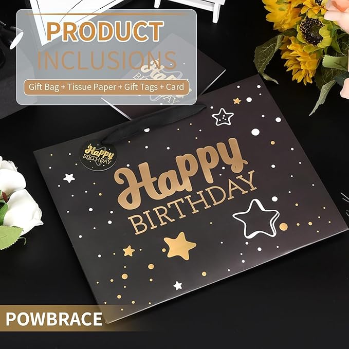 16" Black Happy Birthday Gift Bag with Tissue Paper and Greeting Card for Party,Happy Birthday Gift Bag for Men Women,Gift Bags Extra Large(2 PCS Black Hot Stamping)
