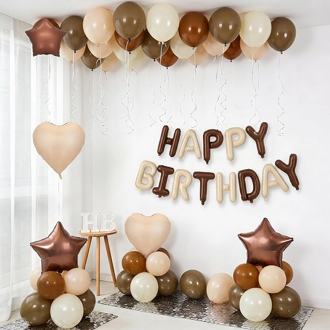 Cream Brown Birthday Decorations,Brown and Nude Balloons Happy Birthdays Banner Balloon Heart and Star Foil Balloons for Men Boy Birthday Baby Shower Party Decorations