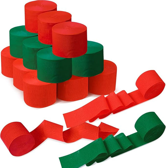 Sherr 24 Rolls Crepe Paper Streamers Hanging Party Decoration Holiday Streamers for Arty Decorations, Birthday Decorations, Wedding Decorations (Red, Green,1.8 Inch x 98 Feet)