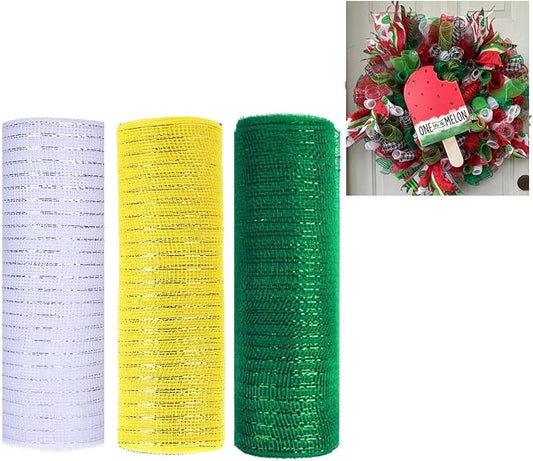 3 Rolls White Yellow Green Deco Mesh Ribbon for Wreath Making Supplies, 10 Inch x 30FT Metallic Foil Burlap Deco Mesh Fabric for Christmas Tree New Year Winter Door Wreath Swags and Decorating