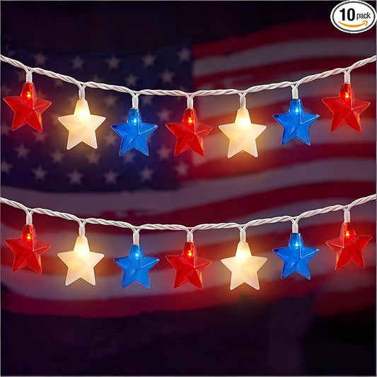 8.5Ft Patriotic Red White Blue Star String Lights, 10 LED Plug in Connectable Fairy Lights for 4th of July Independence Day, Outdoor Waterproof Star Lights for Patio Garden Bedroom Holiday Party Decor
