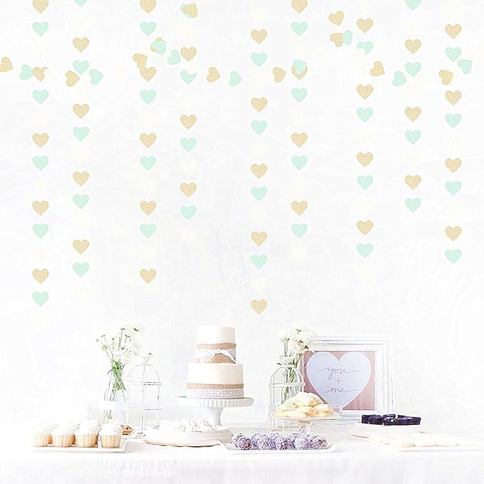 Sage-Green Gold Tea Party Decorations Heart Garland - 52Ft Garden Forest Baby Bridal Shower Birthday Mint Hanging Streamers Banner Decor,Wedding Bachelorette Engagement Graduation Backdrop Huglony