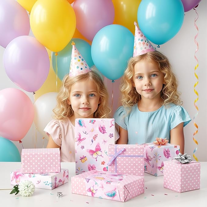 WERNNSAI Butterfly Wrapping Paper Roll - 1 Roll 17” x 33 ft Butterfly Fairy Wrapping Paper Pink Purple Flower Gift Packing for Kids Girls Birthday Baby Shower Bridal Shower Decor Reversible Polka Dot