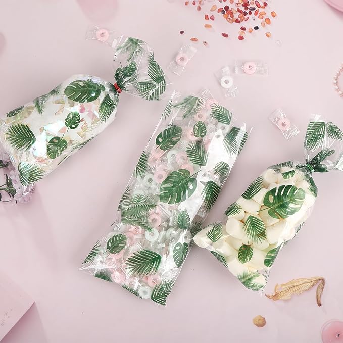 LEOSINDA100 Pcs Gift Wrap Cellophane Treat Bags, 5 X11 Inch Hawaiian Palm Leaf Cellophane Candy Bags with for Candy,Cookies,Wedding Bridal Decorations Birthday,Valentine Party with Twist Ties