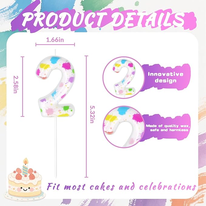 Paint Birthday Candles, Art Paint Party Decoration Supplies, Birthday Number Candles for Cake Topper (Multicolour, Number 2)