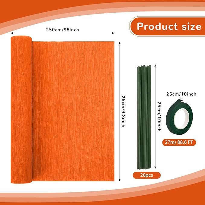 Crepe Paper Streamers 8 Rolls, 10 x 98Inch 8 Pumpkin Colors Crepe Paper Sheets for Halloween Thanksgiving Day DIY Gift Colourful Paper Flower Wrapping Paper Crafts Birthday Wedding Holiday