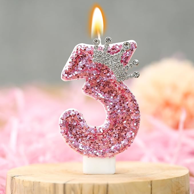 Birthday Number Candles,Pink Crown Birthday Candles for Cake,Glitter Number 3 Candle Cake Topper with Sequins for Girls,Women, Anniversary Celebrations Supplies (Pink 3)