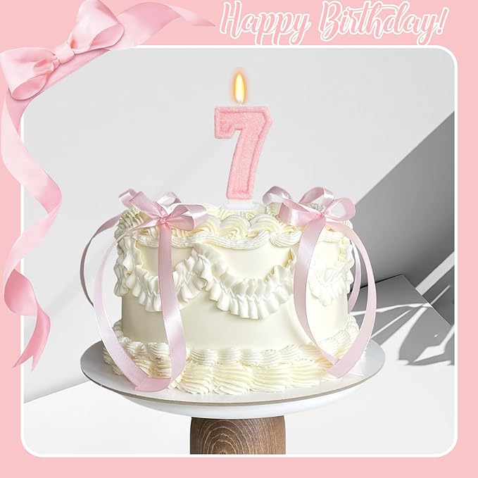 Pink Birthday Candles - Number 7 Candle for 7th Birthday Decorations for Girls, Pink Cake Decorations Sweet Birthday Decorations Girl