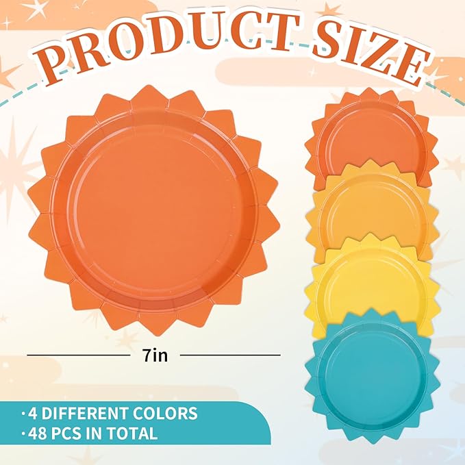 FYSUIMU 48 Pcs Here Comes The Son Party Plates Boho Sun Paper Disposable Plates 7 Inch Colored Sunshine Shape Tableware for First Trip Around the Sun Baby Shower 1st Birthday Summer Table Decor