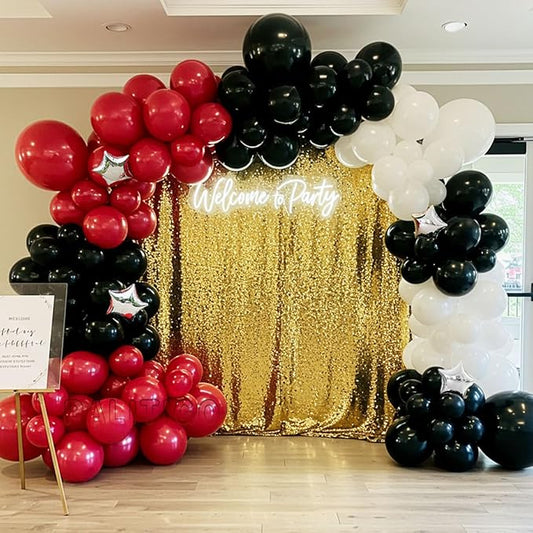 Red Black White Balloon Arch Kit with Silver Star Foils – Double Stuffed Balloons in 5” 12” 18” Sizes for Graduation, Birthday, Retirement, Racing, Casino, Poker Party Decorations