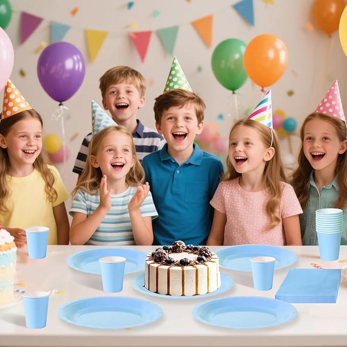 Light Blue Party Plates Set, 120-Piece Disposable Dinnerware for 40 Guests, Heavy-Duty 7-inch Paper Plates, Cups & Napkins for Baby Shower Boy, Pool Party, Nautical Theme, Summer