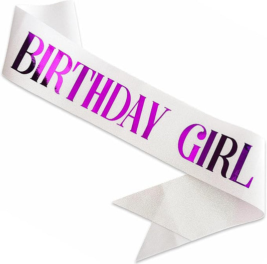 Birthday Sash for Girl, Purple Foil Letter Glitter White Birthday Girl Sash for 10th 11th 13th 16th 18th 21st Bday Gifts Party Suppiles Favors