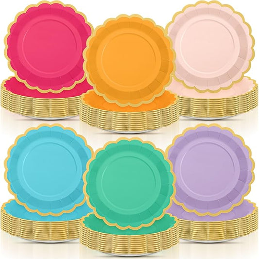 96 Pcs Candy Rainbow Paper Plates 9 Inch Pastel Scalloped Disposable Colorful Dinner Dessert Plates for Birthday Wedding Bridal Carnival Tea Party Supplies, 6 Colors