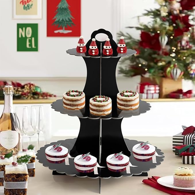 Soleebee 3-Tier Cupcake Stand, Cardboard Cupcake Tower, Dessert Cup Cake Stand Tower for Birthday Wedding Party Decoration, Cupcake Tier Stand 2 Set (Black)