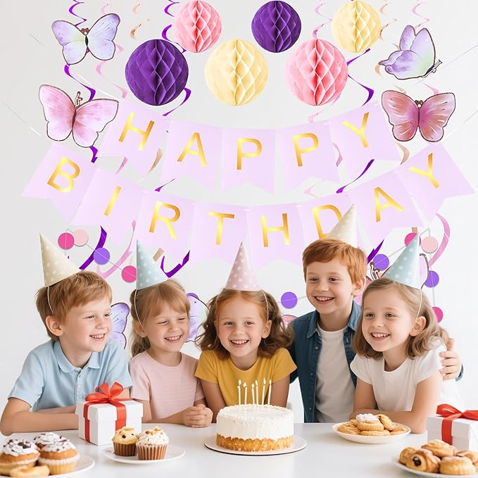 Happy Birthday Banner with Honeycomb Balls, Butterfly Hanging Swirl Streamers, Circle Dots Garland, Happy Birthday Party Decorations for Women Girls