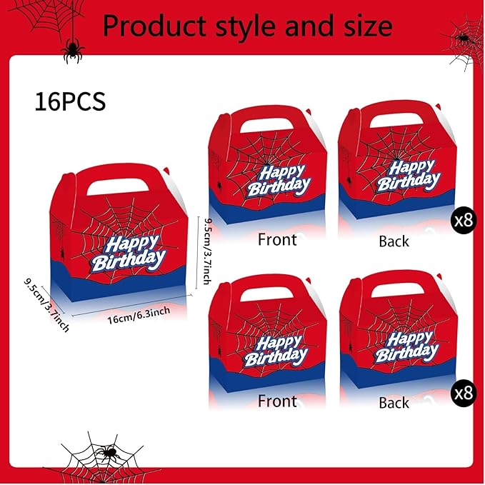 FLOLUVZ 16 PCS Spider Birthday Party Favor Treat Boxes, Spider Goodie Boxes Gift Bags, Gable Candy Box for Cartoon Themed Birthday Party Supplies Decorations