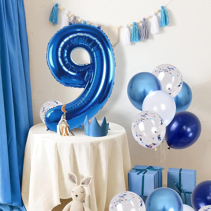 Navy Blue 9 Balloons, 40 Inch Dark Blue Foil Number 9 Balloon Set, XXL Self Inflating 9 Helium Balloon with Metallic Blue Silver Confetti Balloon for Boys 9th Birthday Anniversary Party Decorations