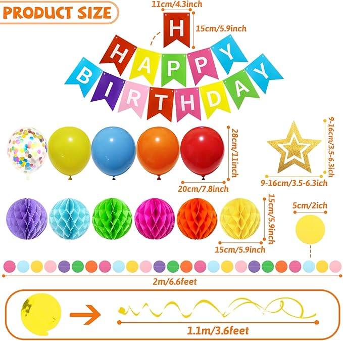 ZERODECO Birthday Decorations, Easy to Assemble Colorful Happy Birthday Banner with Honeycomb Ball, Balloon, Hanging Swirl Streamer, Garland, Happy Birthday Party Decorations for Women Girls Kids