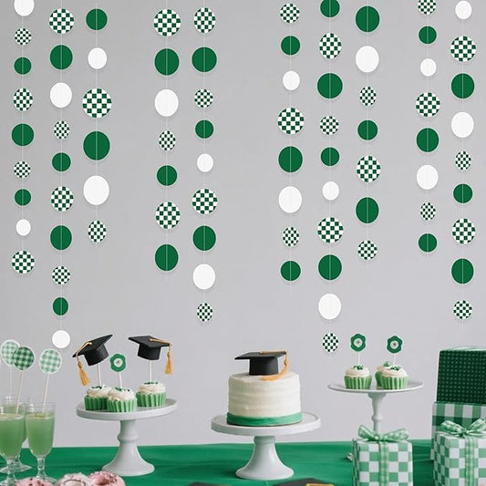 Green Party Decorations White Green Checkered Circle Dots Streamer Hanging Paper Polka Dot Garland for Birthday Wedding Baby Shower Bachelorette Christmas Dinosaur Arbor Day Picnic Golf Party Supplies