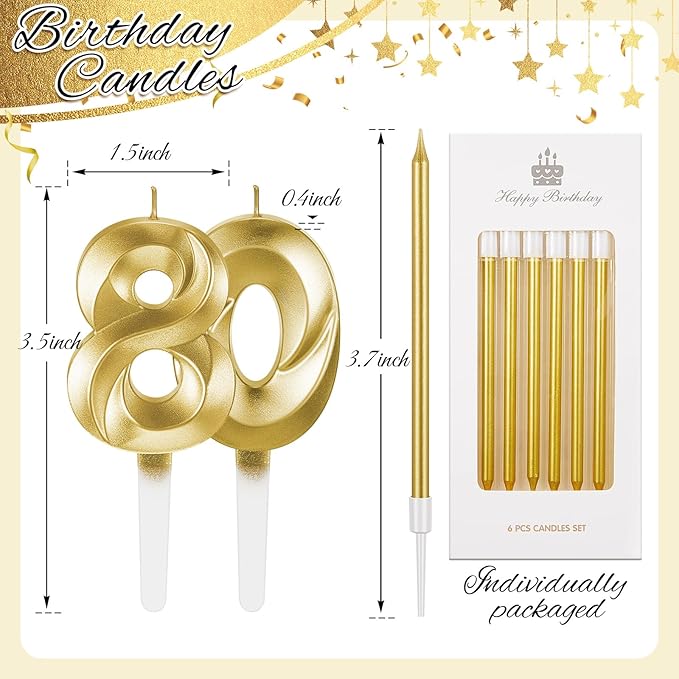 Mtlee Gold 80th Birthday Candles Set for Cakes Including Thin Metallic and Number Birthday Candles for Anniversary Celebration Party Topper Decorations Men Women