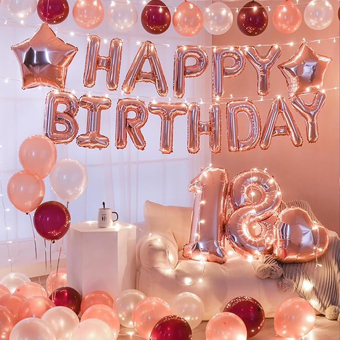 CANREVEL Happy Birthday Banner 13pcs 16 Inch Mylar Foil Letters Sign Balloons with LED Lights Birthday Party Decorations for Kids and Adults - 3D Rose Gold