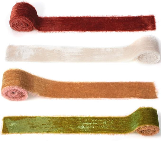 Canlierr 4 Roll Valentine's Day Silk Velvet Ribbon for Gift Wrapping Fringe Fabric Frayed Velvet Ribbon Raw Edge for Valentine Day Party Wedding Decor Bouquet Basket Hair(Elegant Color,2 in X 16 yd)