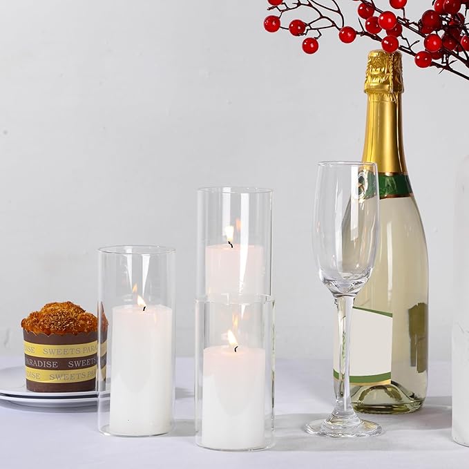 Shihanee Set of 12 Pillar Candles and Glass Cylinder Vases Clear Cylinder CandleHolders for Slim Pillar Candles Wedding Centerpieces(2.6'' X 4.7'', 5.9'', 7.9'',White)