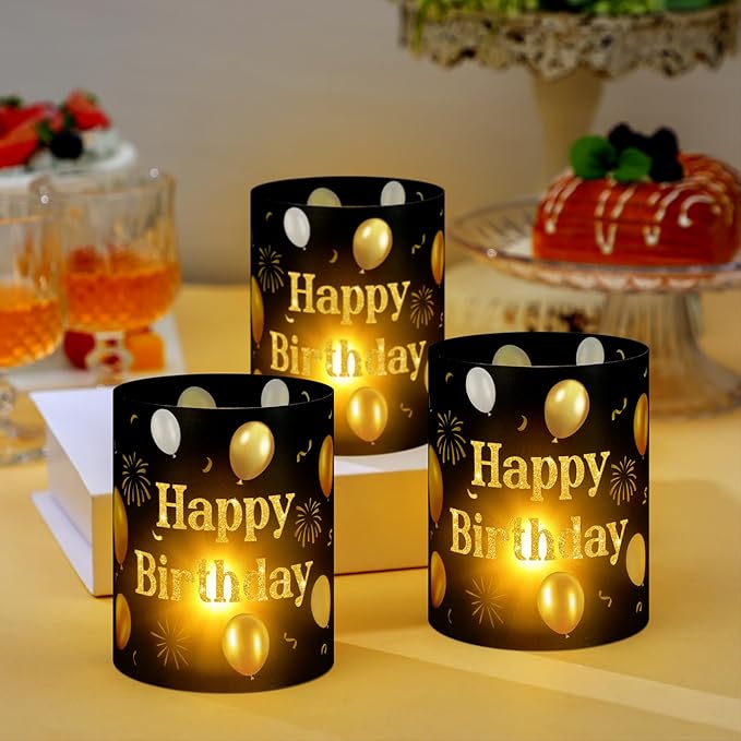 10 Sets Happy Birthday Centerpieces for Tables Black and Gold Birthday Decorations Lantern Boxes with Tea Lights Candles Centerpieces for Table Ideas for Women Men Party Supplies