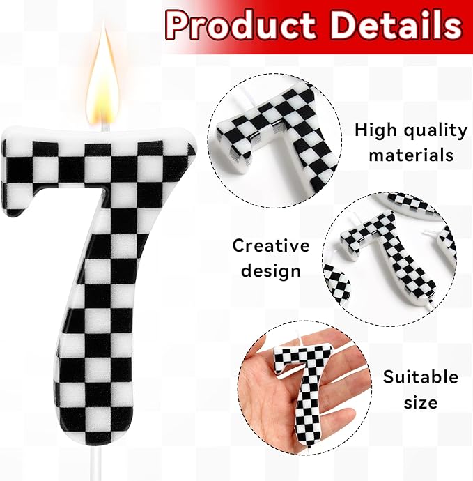 Racing Car Themed Birthday Candles, Number 7 Checkered Candles, Black & White Checkered Cake Decoration, Car Cake Topper for Party Decoration Theme Party Supplies