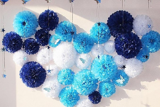 ZOOYOO Purple White Lavender Paper Pom Poms for Women Girl Birthday Party Anniversary Engagement Bridal Shower Ceiling Hanging Tissue Flowers Decorations 12PCS