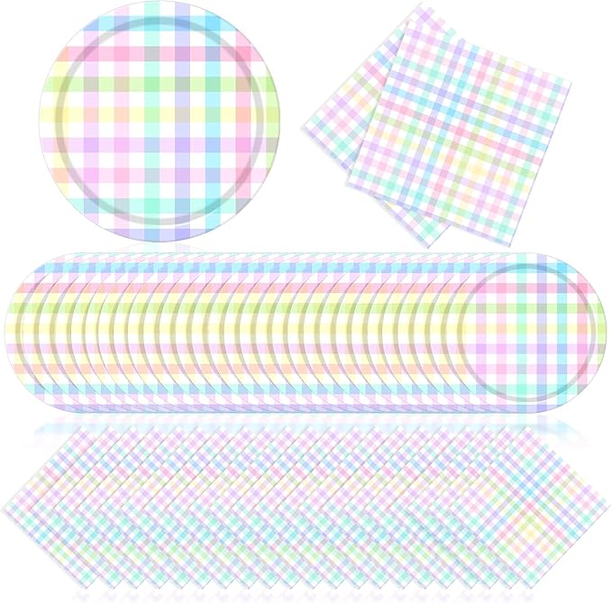 Zhehao 120 Pcs Spring Plaid Paper Plates and Napkins Sets 60 Pastel Spring Disposable Plates and 60 Paper Napkins for Baby Shower Birthday Party Decorations Holiday Supplies
