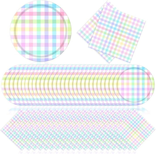 Zhehao 120 Pcs Spring Plaid Paper Plates and Napkins Sets 60 Pastel Spring Disposable Plates and 60 Paper Napkins for Baby Shower Birthday Party Decorations Holiday Supplies