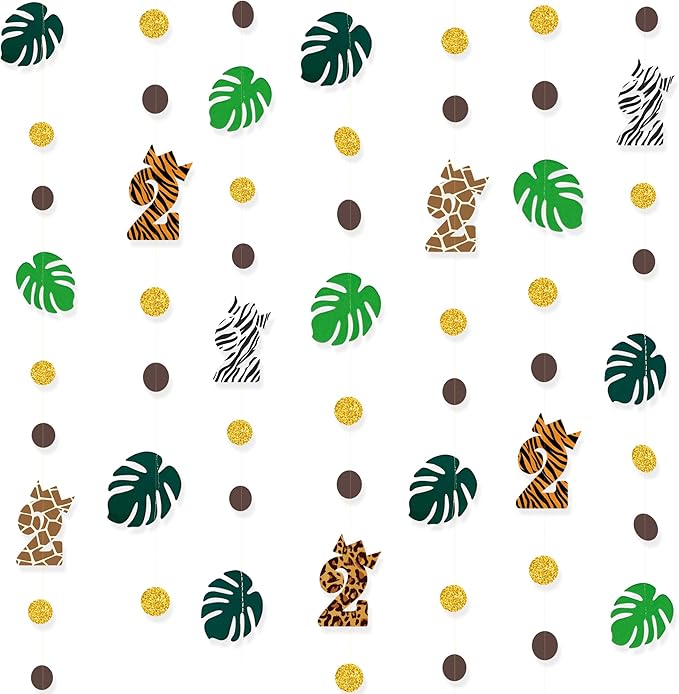 Two Wild Birthday Party Decorations Brown Gold Circle Dot Palm Leaf Jungle Theme Garland 2 Year Old Bday Palm Leaf Dots Streamer for Safari Animal Welcome 2 the Jungle Happy Birthday Party Supplies