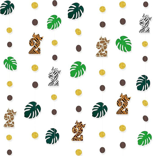 Two Wild Birthday Party Decorations Brown Gold Circle Dot Palm Leaf Jungle Theme Garland 2 Year Old Bday Palm Leaf Dots Streamer for Safari Animal Welcome 2 the Jungle Happy Birthday Party Supplies