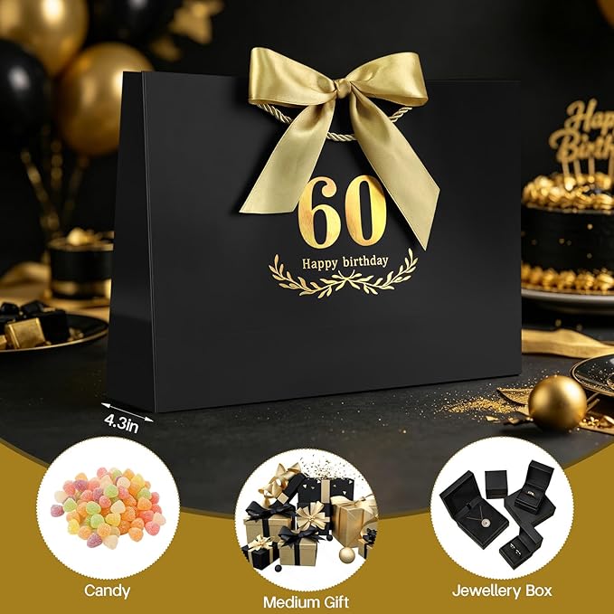JMANNI Black Gold 60th Birthday Gift Bag with Card and Tissue Paper, 14.2"×9.84"×4.3" Large Present Bag for Men Women, 60 Year Old Birthday Keepsake Party Supplies