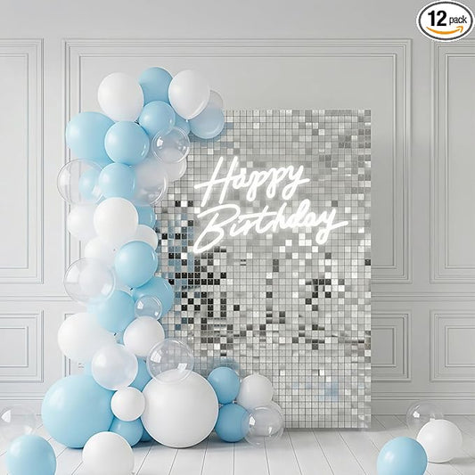 Silver Shimmer Wall Backdrop 12 Glitter Panels Create 4 x 3 Ft Photo Background with Polymer Material for Wedding Birthday Graduation Anniversary Grand Opening Party Decor