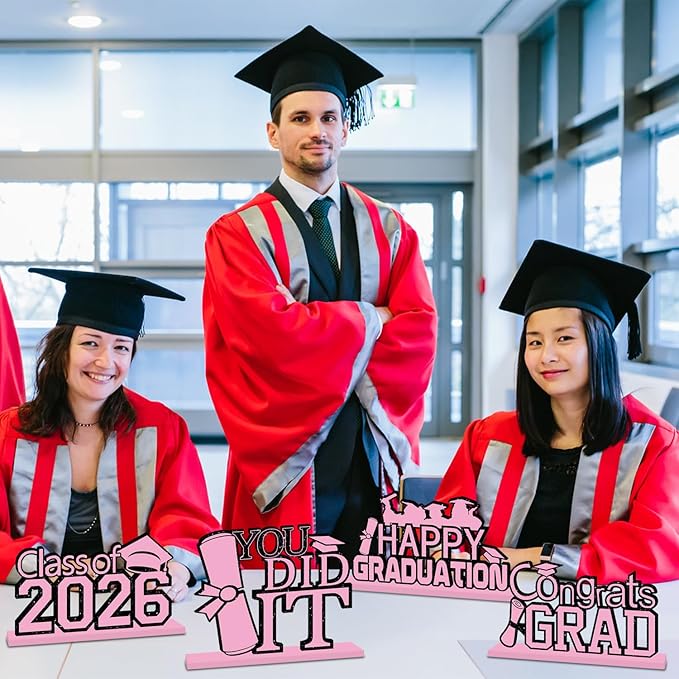 4Pcs Pink Graduation Decorations 2026, Wooden Table Centerpieces Class of 2026 Table Toppers Congrats Grad Tiered Tray Decor for Graduation Centerpieces for Table