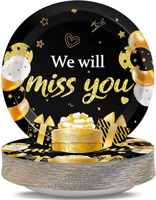 Qyeahkj 48 Pcs We Will Miss You Party Plates Farewell Disposable Paper Plates for Going Away Party Decorations Good Luck Dessert Dinner Tableware Goodbye Party Supplies for Employee Leaving Retirement