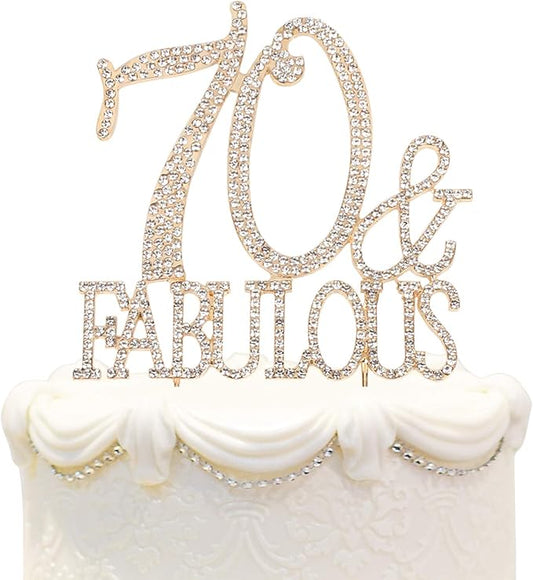 70 & Fabulous Cake Topper 70 Years Birthday Or 70th Wedding Anniversary Gold Crystal Rhinestone Party Decoration