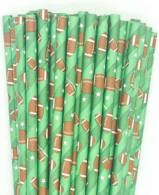 100 pcs Sports Party Paper Straws, Ombre Green Stripe White Star Brown Rugby Football Bar Soda Beer Drinking Straws, Cute Biodegradable Decor Game Day Cake Pop Sticks (Green With Football)