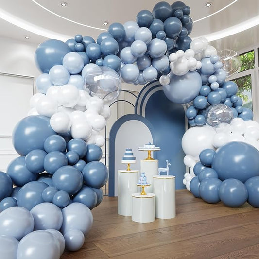 Dusty Blue Balloon Arch Kit, 102pcs Light Blue and White Difference Sizes Latex Balloons with 16ft Tape Strip & Dot Glue for Baby Shower, Birthday, Anniversary,Wedding Decoration