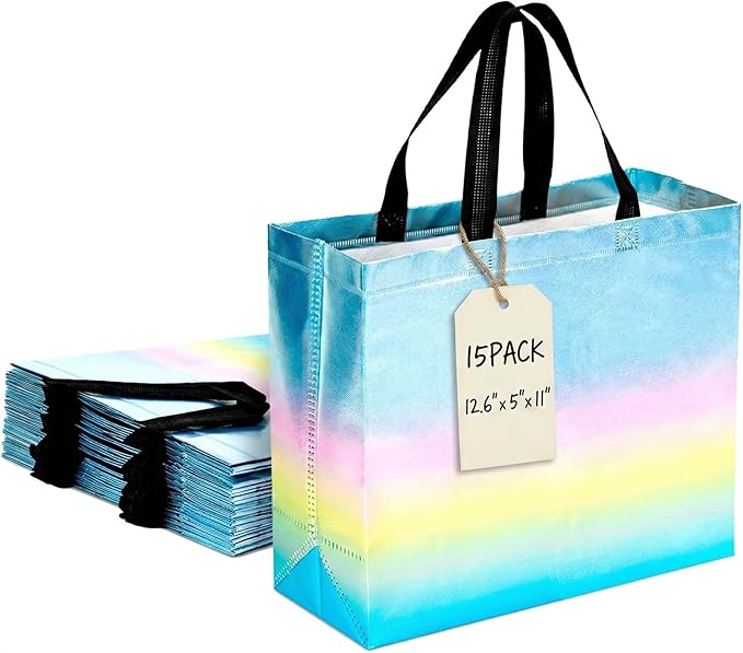 VGOODALL 15 Pack Large Gift Bags with Handles, 12.6" x 5" x 11" Iridescent Reusable Gift Bags Bulk for Birthday Wedding Party Favor