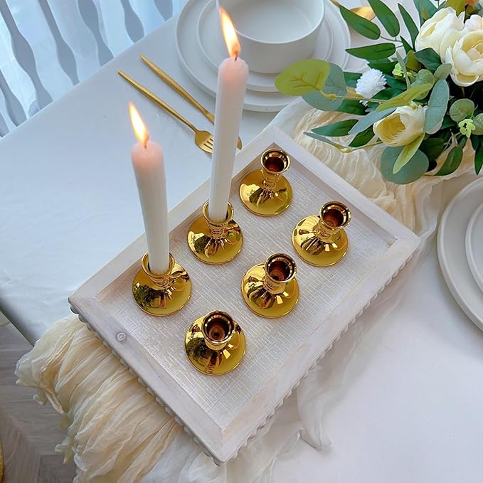 Vintage Gold Taper Candle Holders, Set of 2, Metal Taper Candlestick Holder for Dinner Room Table Centerpiece, Wedding Reception, Festive,Mantel Decoration, Home Decor (Titanium Gold)