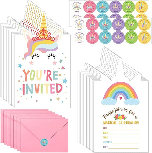 Otop 24 Pack Unicorn Birthday Invitation for Girls Boys Party Invitation, 24 Envelope 24 Sticker Labels Pink Envelope Sticker Labels Kit Supplies for Birthday Baby Shower