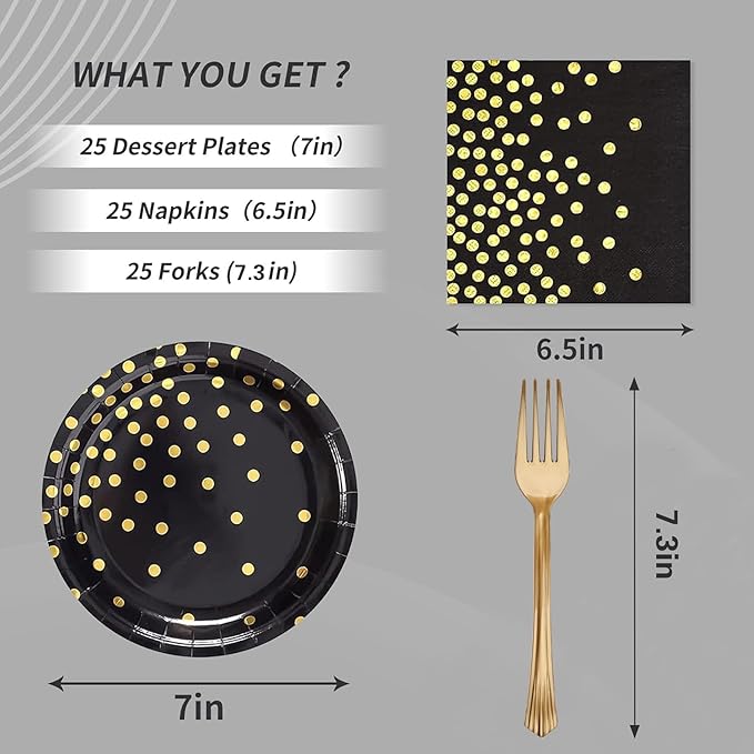 Black Gold Paper Plates and Napkins Tableware Set-25 x 7''Dessert Plates & 25 x 6.5''Napkins & 25 x 7.3''Forks,Party Supplies for Birthday,Graduation,Anniversary,Retirement,Father's Day(Serve 25)