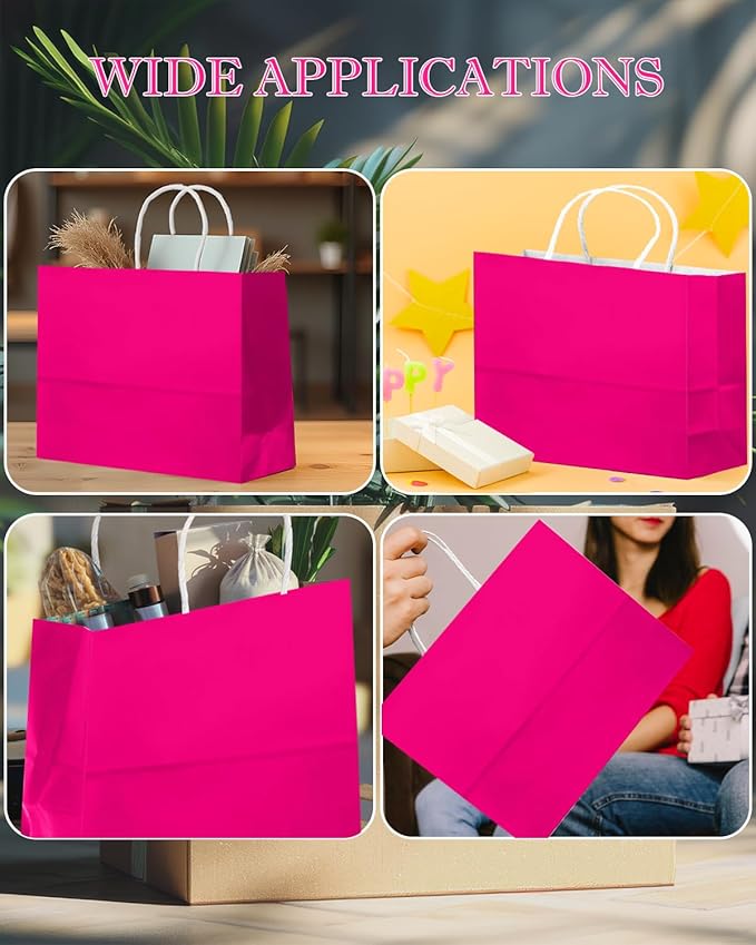 qiqee 24PCS Large Gift Bag with Handles Bulk 13"x4.5"x10" Gift Bags Rose Pink Bags Multiple Uses (32x11x25cm,Wide Large)