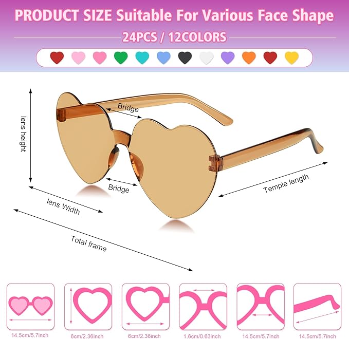 NACHLYNN 24 Pairs Sunglasses for Women - 12 Colors Rimless Heart Shaped Glasses for Party Favors