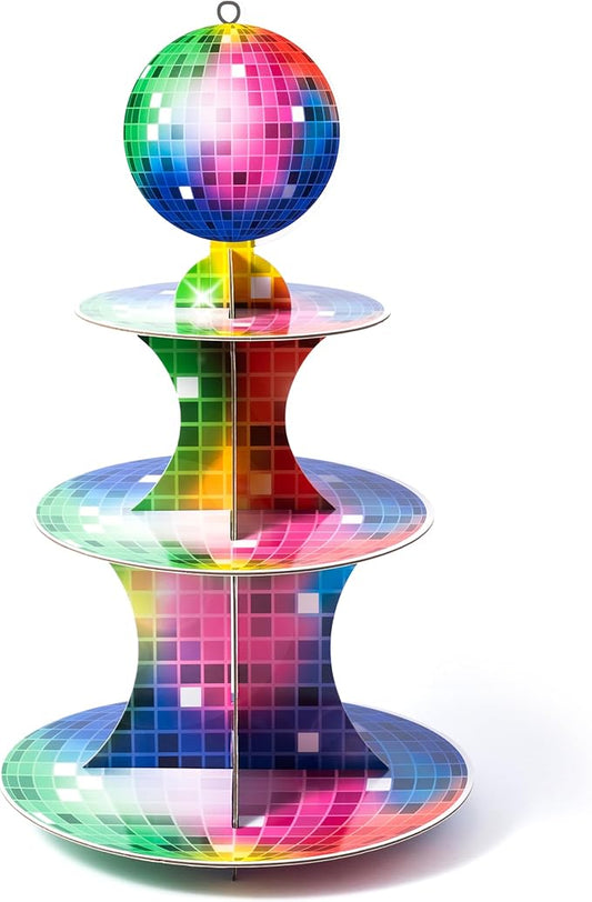 Haooryx Rainbow Disco Ball Cupcake Stand - 3-Tier Vintage Disco Cardboard Cupcake Tower Table Decoration Retro Colorful Glitter Dessert Holder for Girls Birthday Baby Shower Bachelorette Party Decor